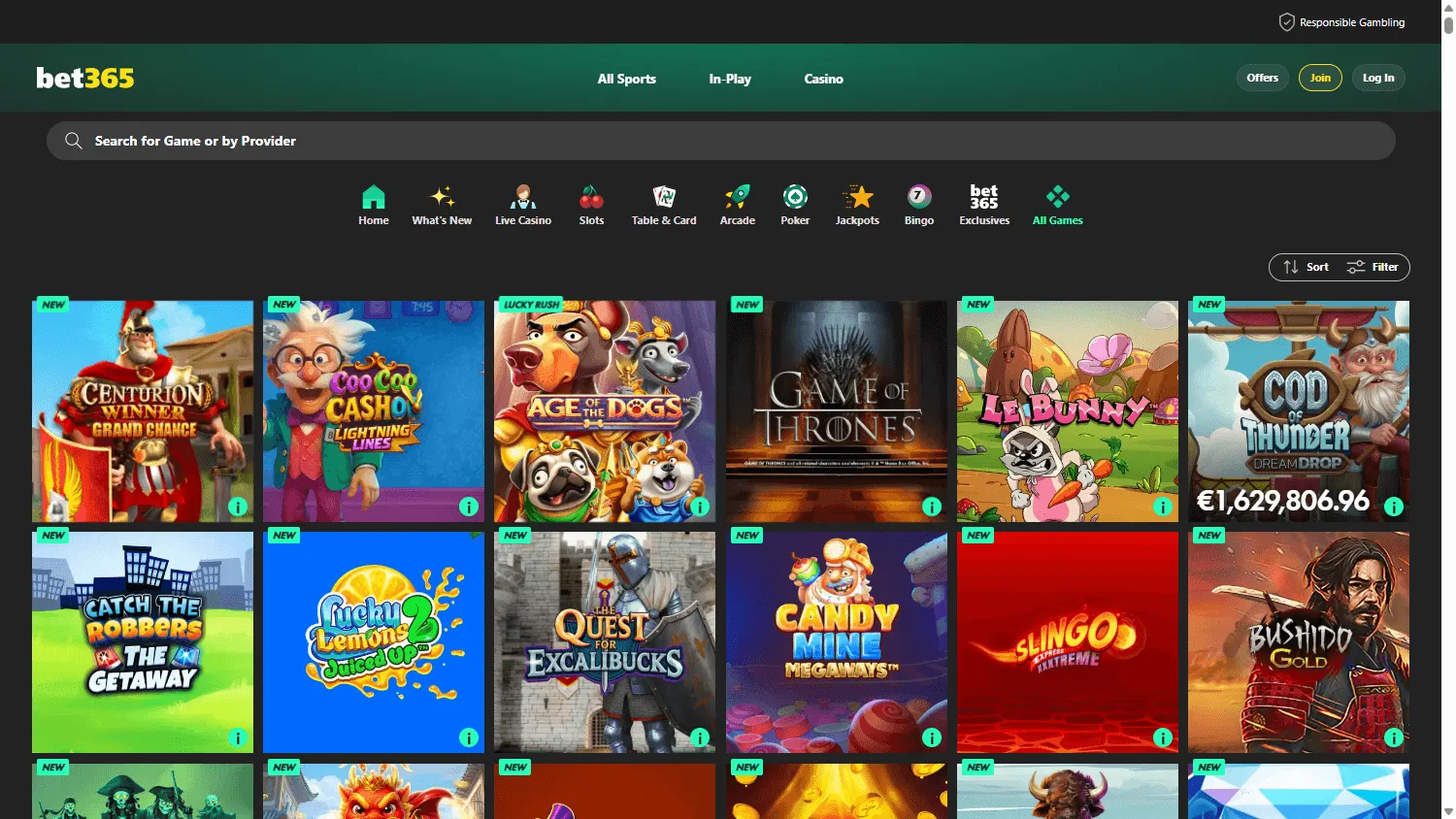 Bet365 Casino desktop games interface