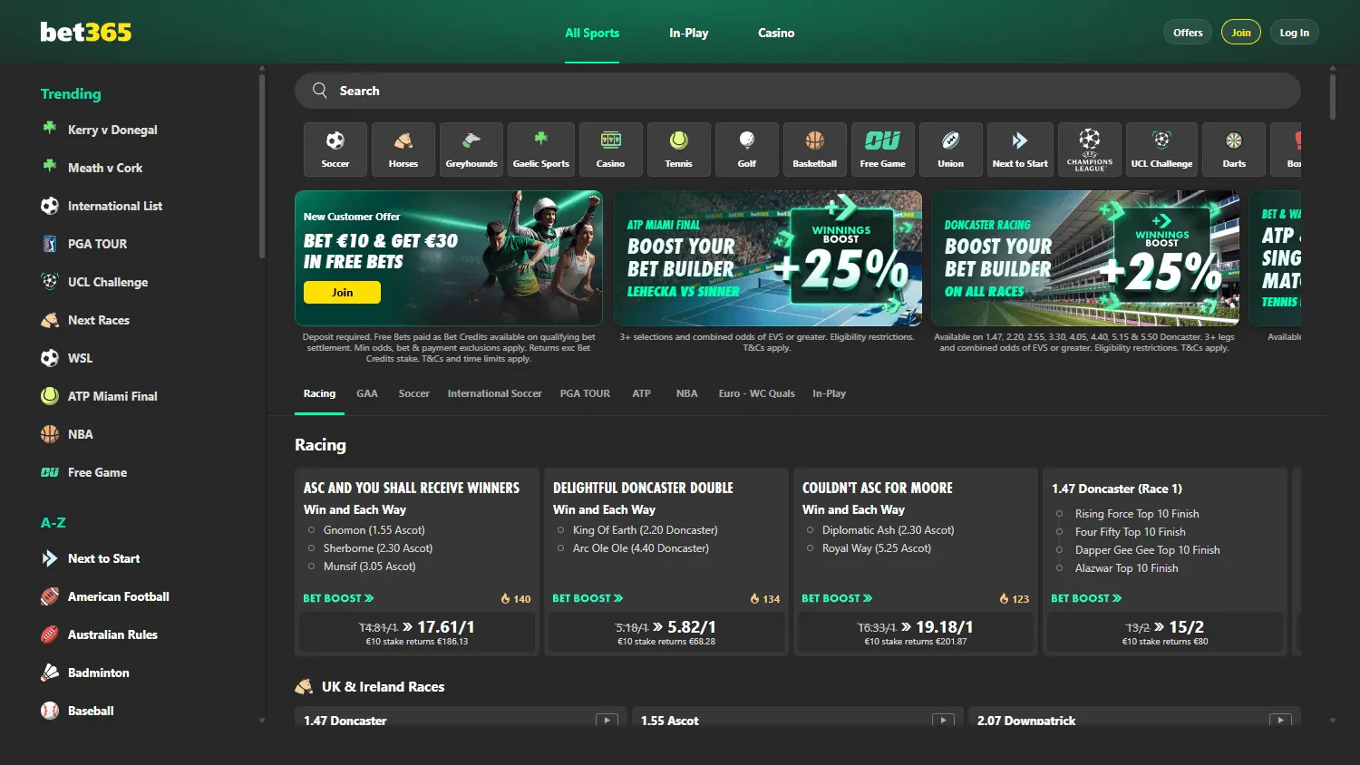 Bet365 Casino desktop home interface