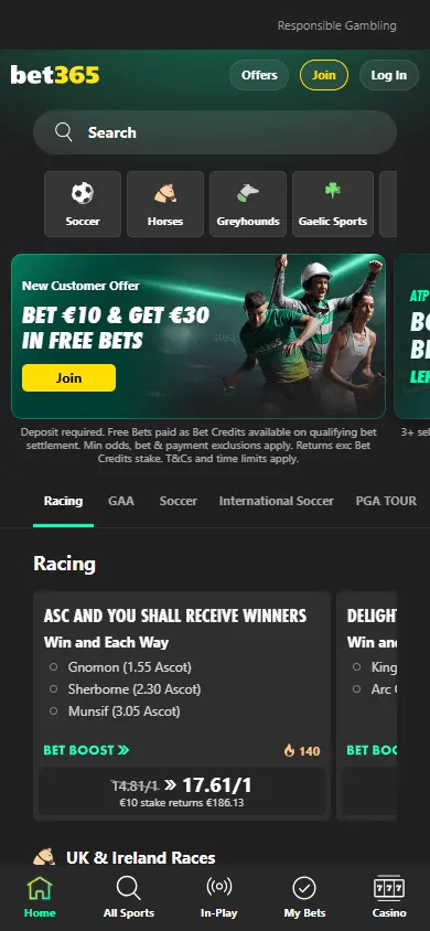 Bet365 Casino mobile home interface