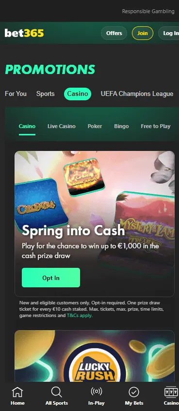Bet365 Casino mobile promotions interface