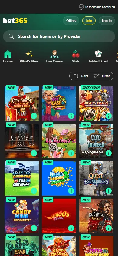 Bet365 Casino mobile games interface
