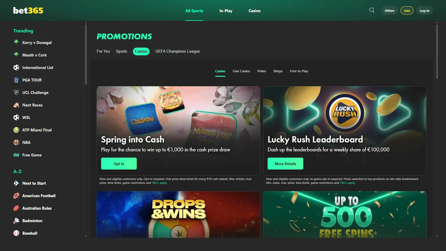 Bet365 Casino desktop promotions interface
